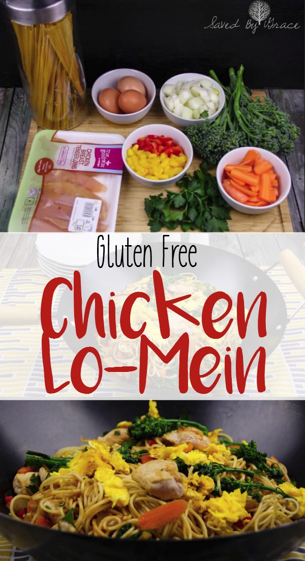 Gluten Free Chicken Lo Mein- this recipe is super easy to make in a hurry on a busy night. It is gluten free and a crowd pleaser.